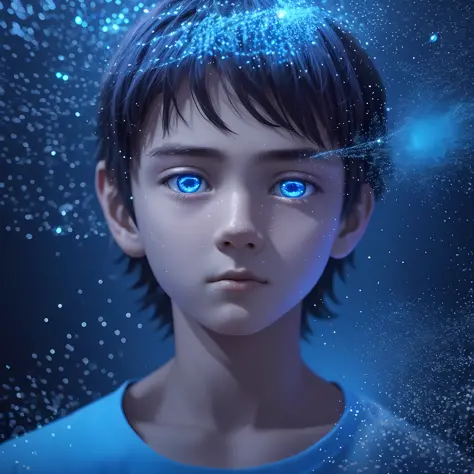 8K rendering, masterpiece, ultra realistic, ultra detailed, boy with a sad look exuding bright blue particles through the dark room --auto --s2