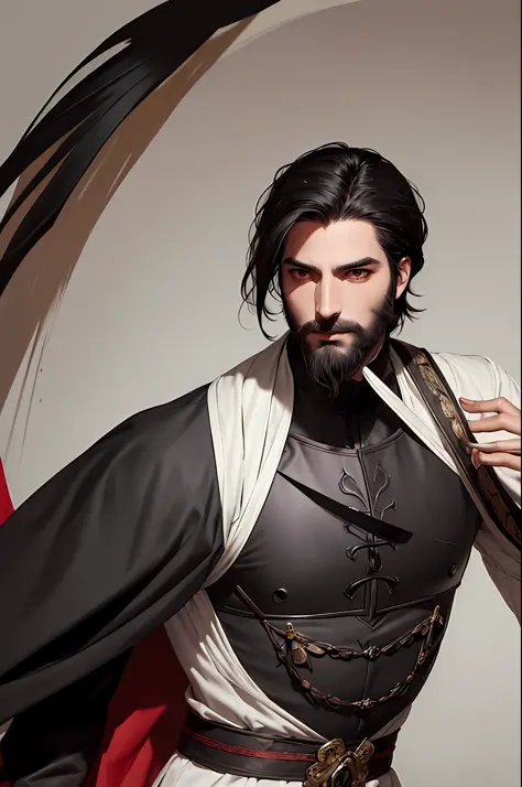Beautiful man, tall, short black hair, thin beard, red eyes, wine-colored lips, with a sword, wearing clothes of a nobleman and ...