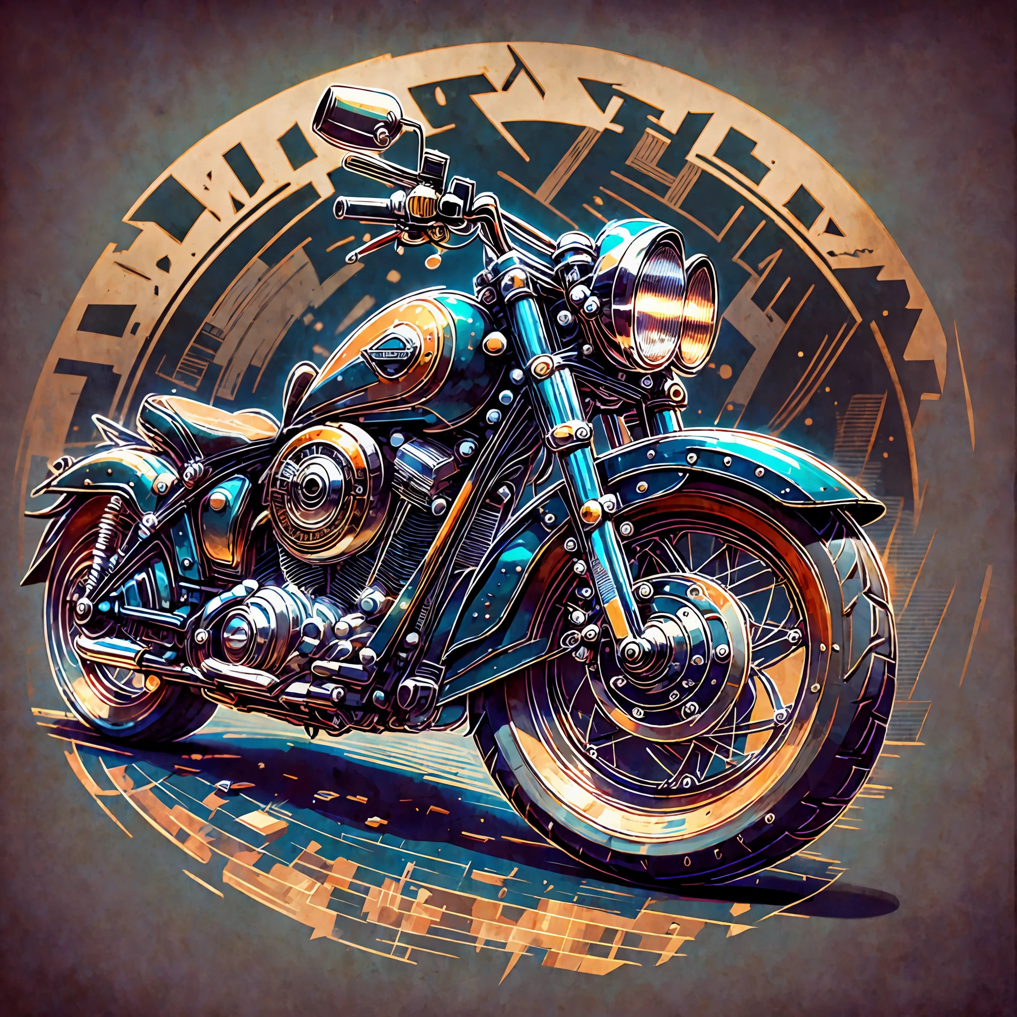 Antique Harley-davidson, 2D illustration, tshirt, circular background --auto --s2