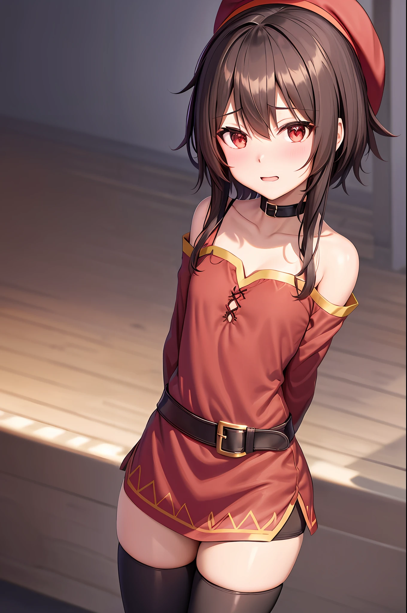 megumin, kono subarashii sekai ni shukufuku wo!, 1girl, solo, standing, looking at viewer, hat, witch hat, brown hair, short hair with long locks, red eyes, blush, evil grin, black choker, collarbone, flat chest, off-shoulder dress, dress, red dress, brown cape, long sleeves, black gloves, fingerless gloves, belt, brown belt, gold trim, zettai ryouiki, skindentation, (asymmetrical legwear:1.4), mismatched legwear, (bandaged leg:1.3), black thighhighs, (arms behind back:1.3), 

(forest:1.4)