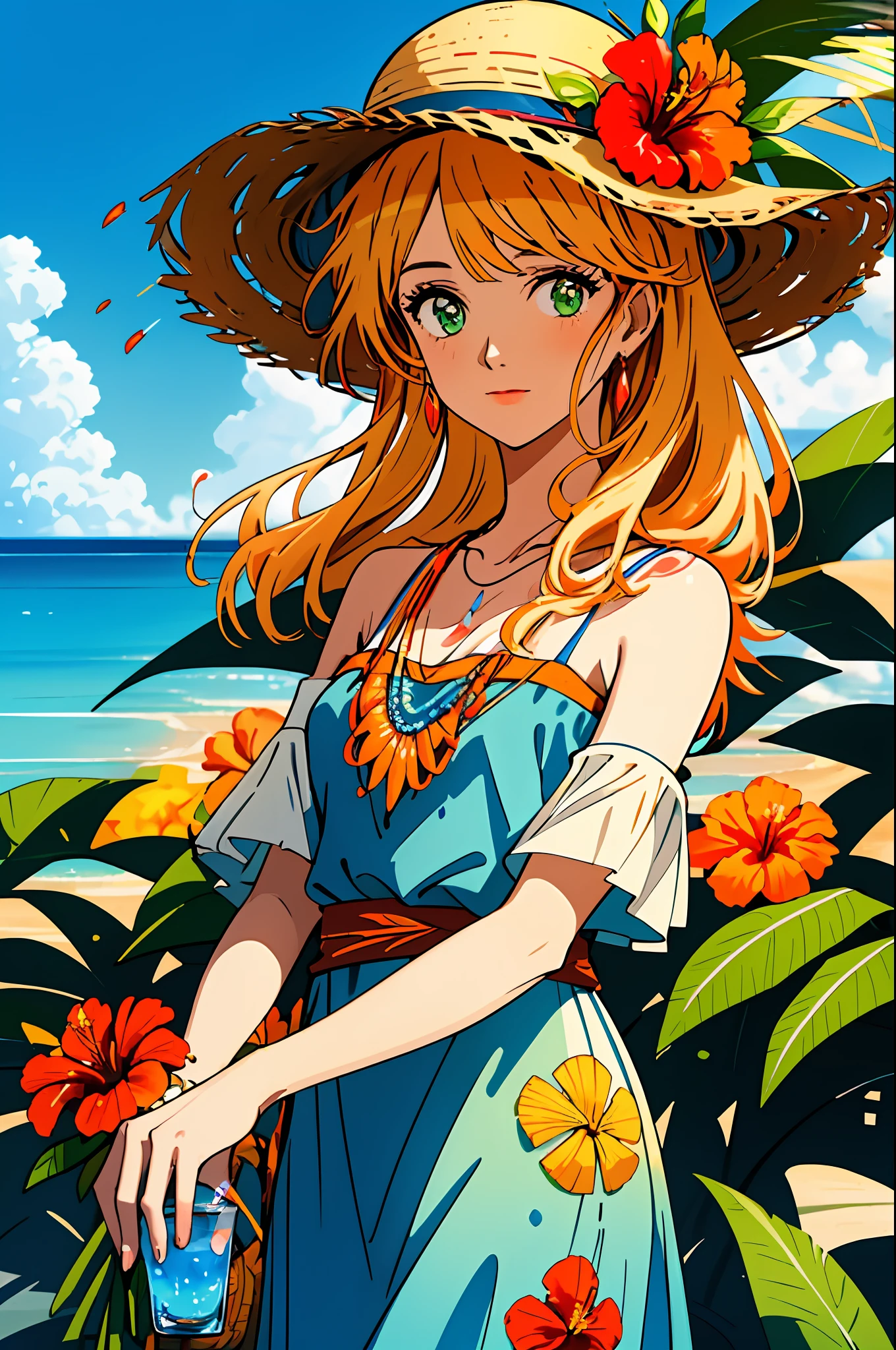 mature woman, (masterpiece:1.1), (best quality:1.1), sun hat, straw hat, with flowers, hibiscus, orange flowers, beach, [neon orange:white:0.5] theme, (gradient background:1.1), cowboy shot, green eyes, ocean waves, sparkles, cinematic lighting, beautiful, intricate, absurdres, shellfish, shells in the sand, drinking a refreshing summer colorful drink