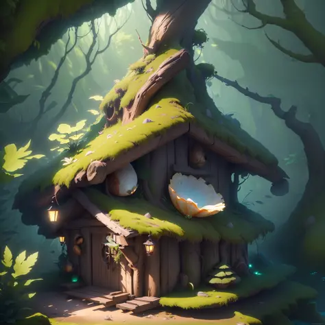masterpiece, best quality, (extremely detailed CG unity 8k wallpaper), (best quality), (best illustration), (best shadow), (A shell shape hut:1.1) covered with moss， isometric 3D, octane render,ray tracing,ultra detailed