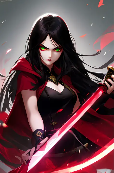 a beautiful young woman with fair skin, long black hair, emerald eyes, burgundy lips, standing with a sword close to her face, w...