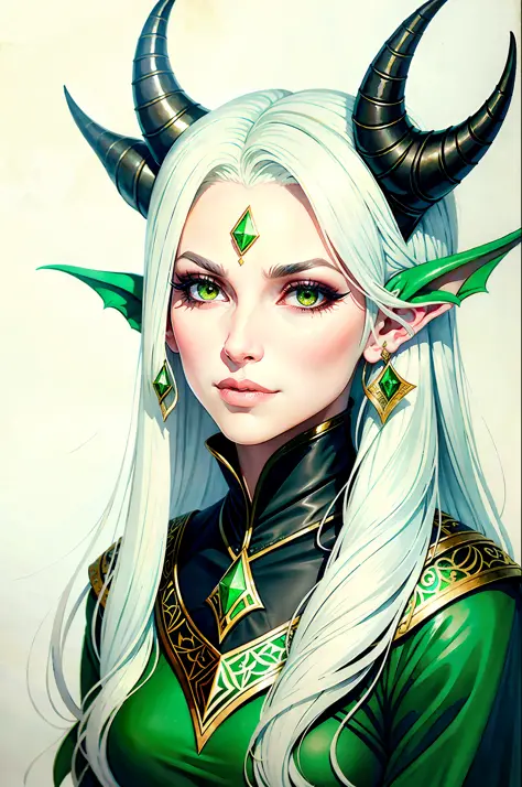 hand drawn sketch illustration of a beautiful tiefling with white hair, green eyes, symmetrical dragon horns, illustration, wate...