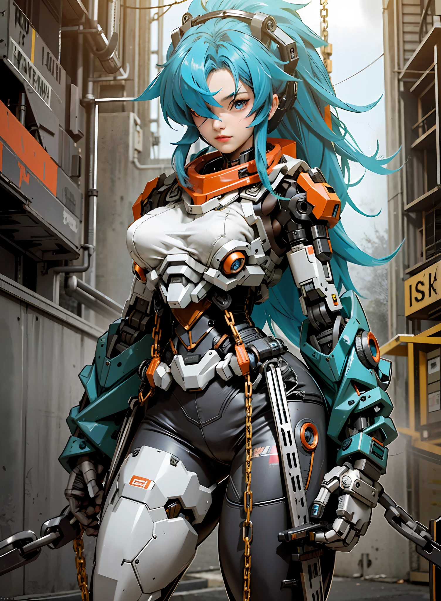 Pokemon inspired mech, Waifu, sexy, large breasts, Dark_Fantasy,Cyberpunk,(chain saw,chain saw man,Red:1.1),1man,Mechanical marvel,Robotic presence,Cybernetic guardian, wearing a worn-out mech suit, intricate, (steel metal [rusty]), elegant, clear focus, shot by greg rutkowski, soft lighting, vibrant colors, masterpiece, ((street)), cowboy shot, dynamic pose,