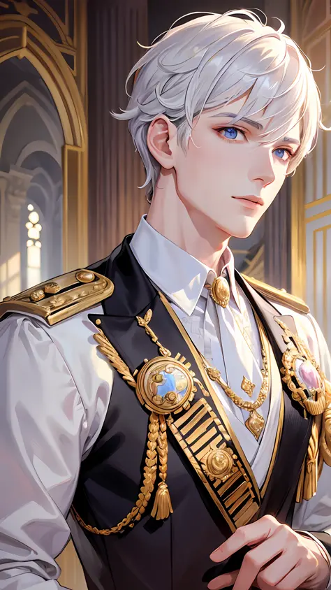 Prince, Young Man, Male, 1boy, Mature Male, Manly, portraying delicate eyes, Opal eyes, depicting delicate facial features, white uniform, white gloves, aristocratic dress, ribbon, medallion, extreme detail, delicate depiction, royalty, elegant, noble, roy...