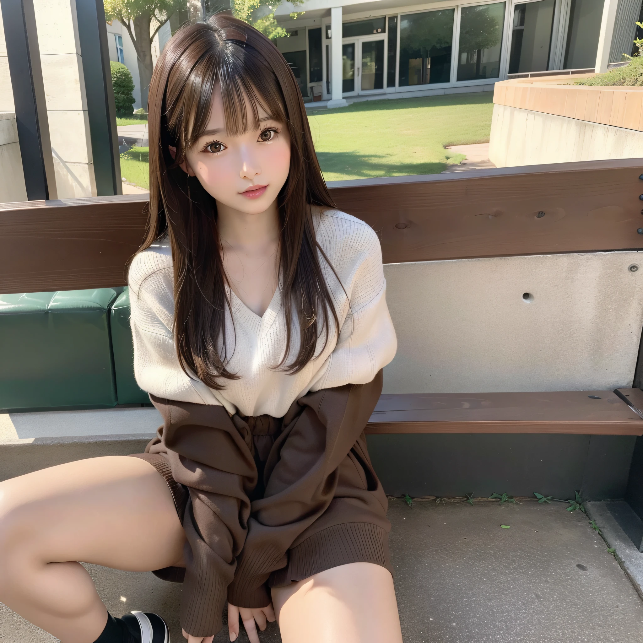 Top Quality, Masterpiece, (Reality: 1.2), 1 Girl, Brown Hair, Brown Eyes, Front View, Detailed Face, Beautiful Eyes, full body, sitting on the bench, miniskirt, open legs, nice thigh, nice legs, detailed skin