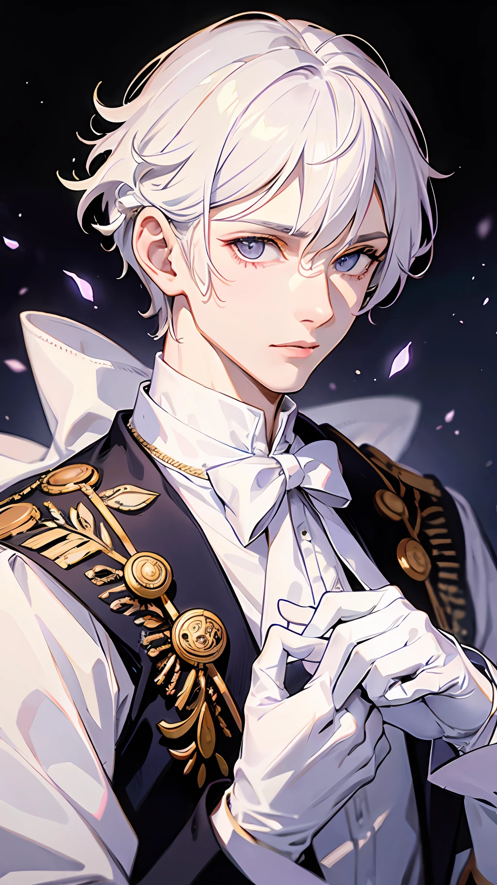 Prince, Young Man, Male, 1boy, Mature Male, Manly, portraying delicate eyes, Opal eyes, depicting delicate facial features, white uniform, white gloves, aristocratic dress, ribbon, medallion, extreme detail, delicate depiction, royalty, elegant, noble, royal dress, depth of field effect, background is palace, dramatic composition, dynamic pose, look at the camera