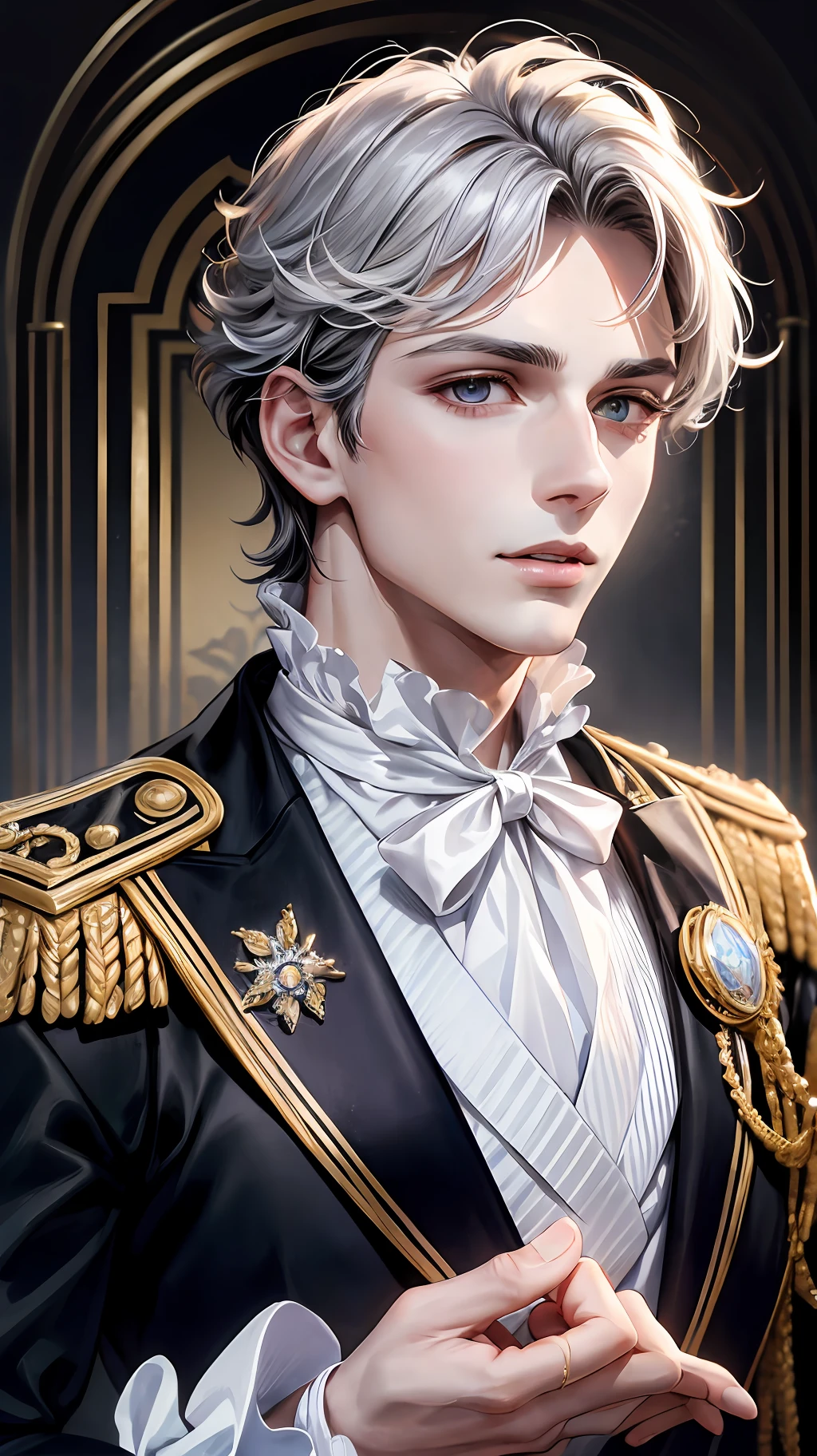 Prince, Young Man, Male, 1boy, Mature Male, Manly, portraying delicate eyes, Opal eyes, depicting delicate facial features, white uniform, white gloves, aristocratic dress, ribbon, medallion, extreme detail, delicate depiction, royalty, elegant, noble, royal dress, depth of field effect, background is palace, dramatic composition, dynamic pose, look at the camera