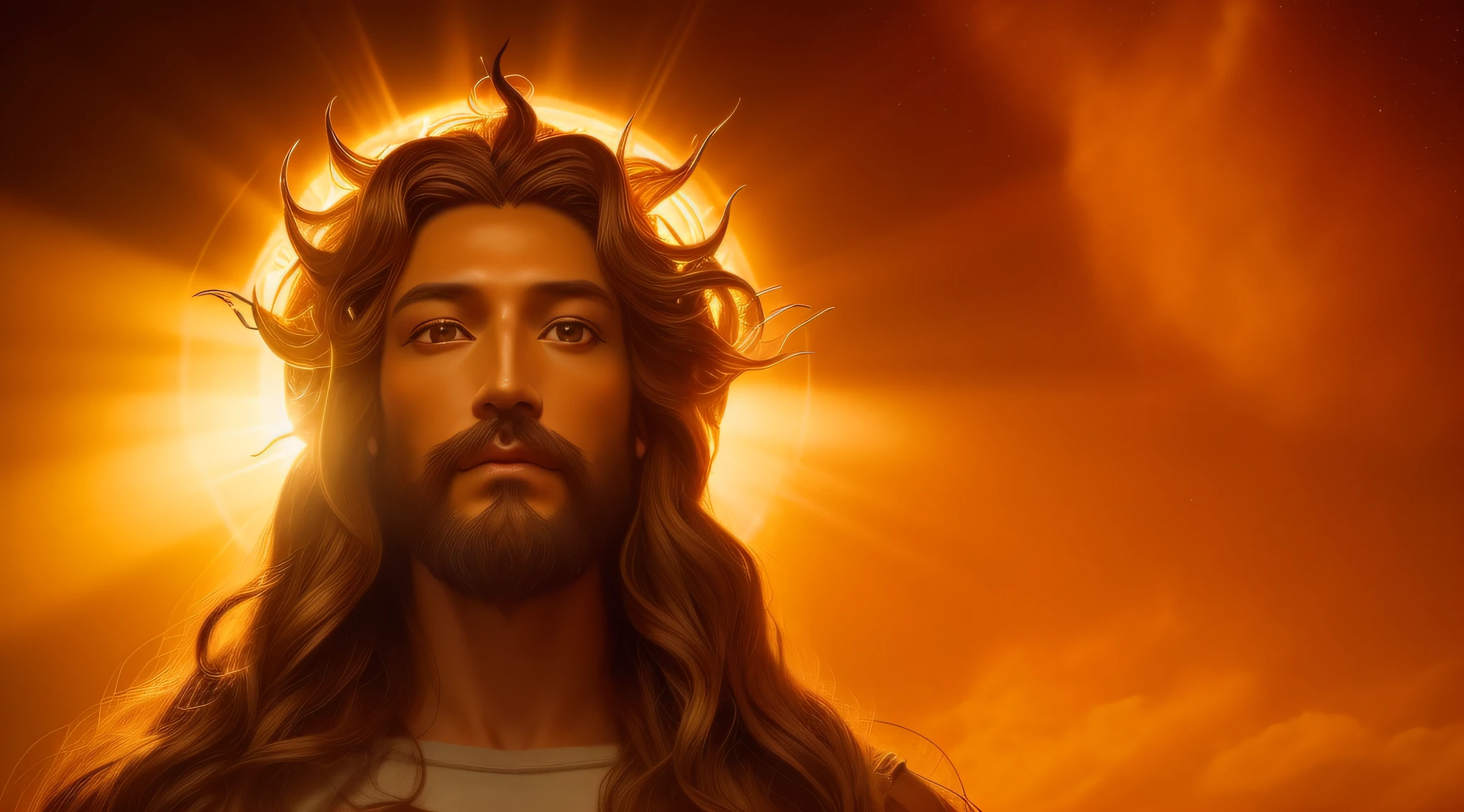 sehr detailliertes Porträt eines Jesus Christus Sonnengott Heiligenschein aus Licht, Gold, unwirkliche Engine, Kunst von Mark Ryden, verlorener Fisch, Earl Norm, Globale Beleuchtung, göttliche Strahlen, detaillierte und komplexe Umgebung, Elden-Ring-Stil