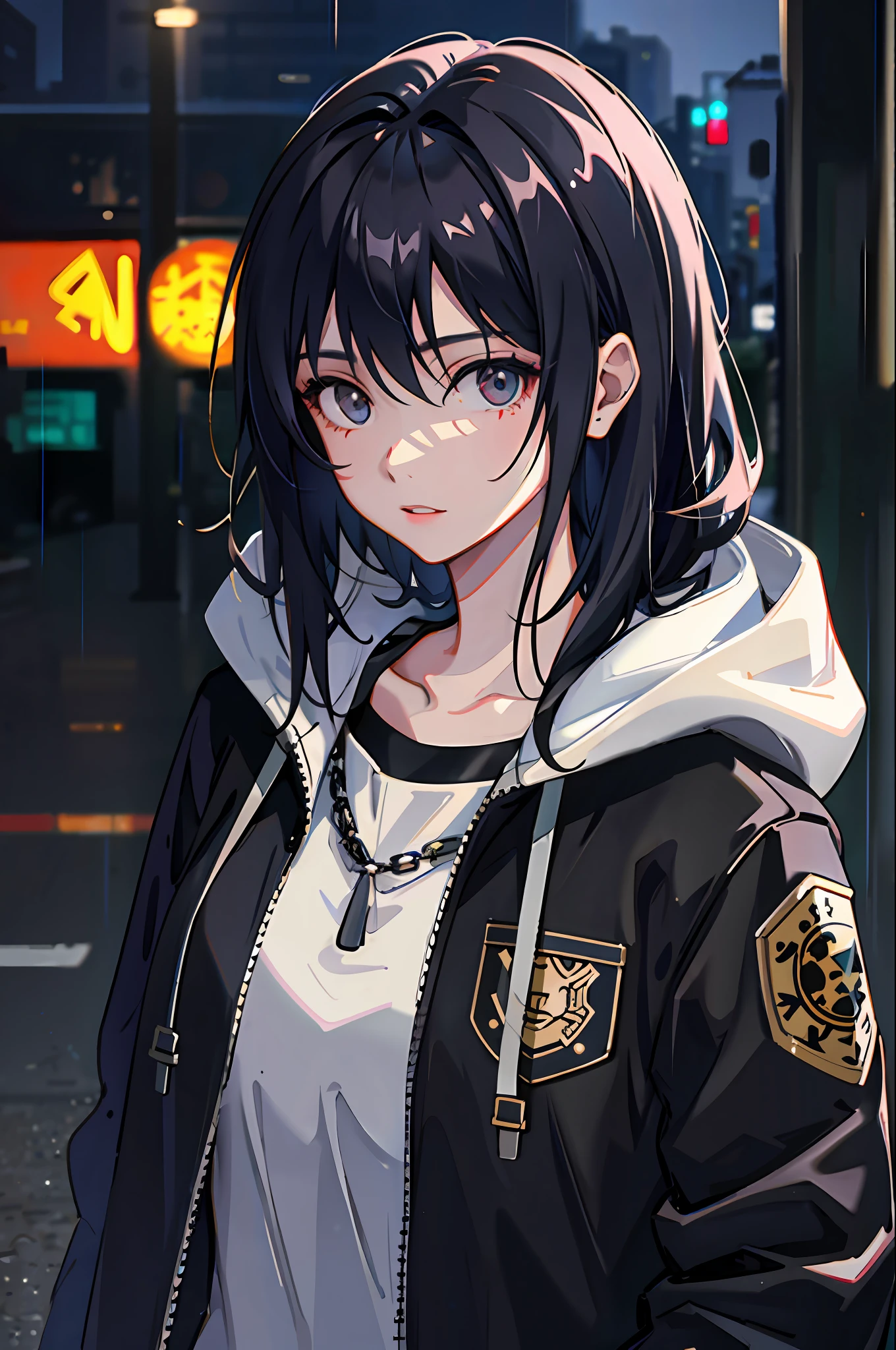 1girl, jacket, rain, outdoor, hoodie, open jacket, chain, backpack, looking at another, messy hair, trending on artstation, 8k resolution, highly detailed, anatomically correct, sharp image, digital painting, concept art, trending on pixiv, style of makoto shinkai,