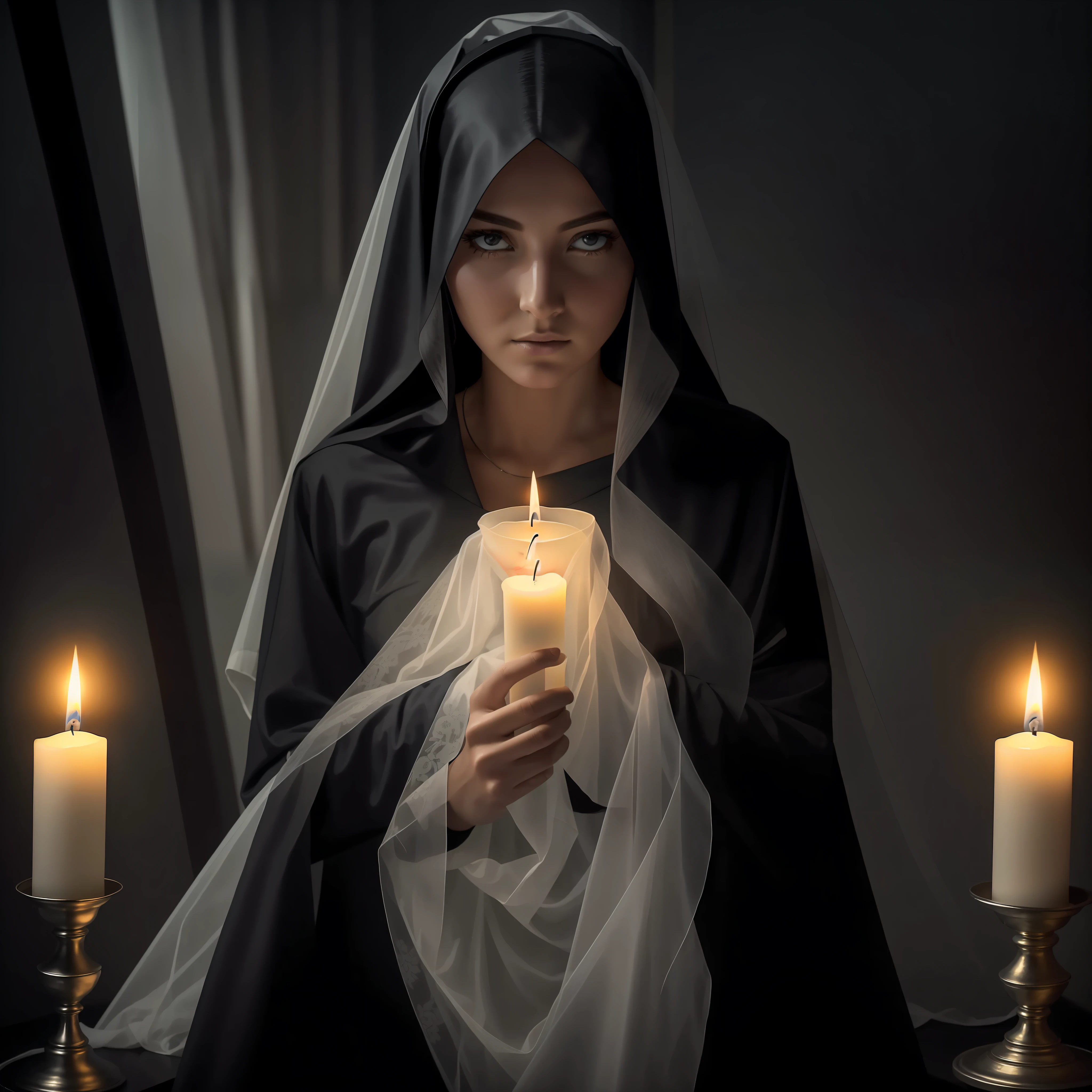 It was a dark night when a mysterious woman, wearing a white veil that contrasted with her grim gaze, entered that dark, empty room. Her footsteps were silent and determined as she made her way toward the only source of light present: the candle that struggled to keep itself lit.