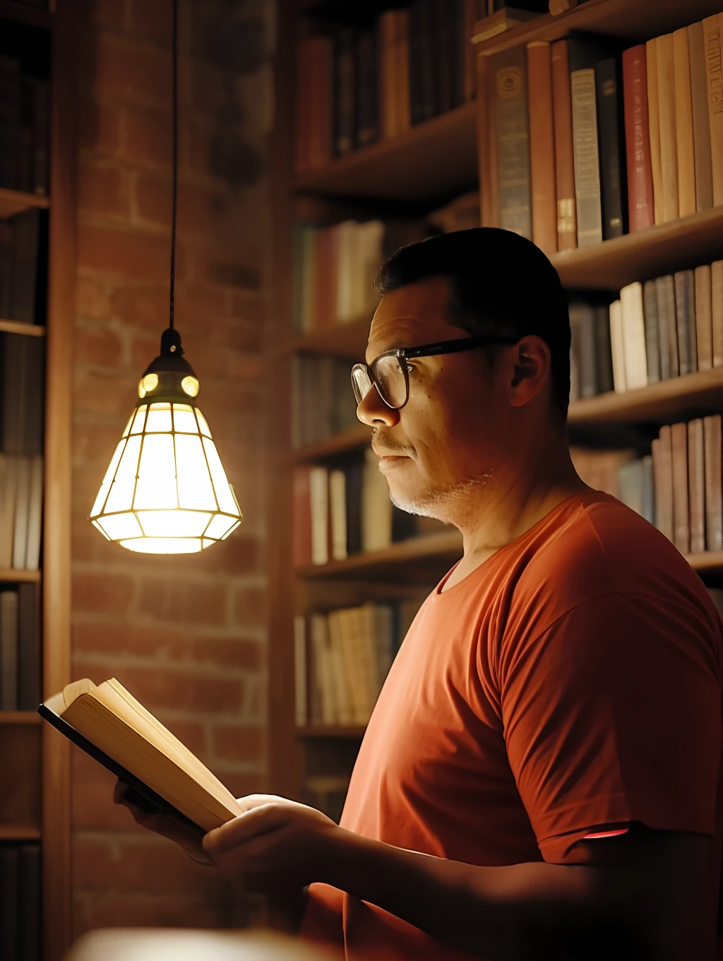 guttonerdvision4, homme avec des lunettes un vieux livre, lumière crépusculaire, Ambiance chaleureuse, ambiance cultivée