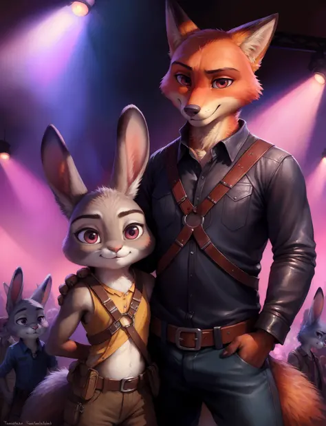 by kenket, by totesfleisch8, (by thebigslick, by silverfox5213:0.8), (by syuro:0.2), anthro, rabbit, canid, fox, nick wilde, sheath, judy hopps,, zootopia, standing, looking at viewer, nightclub, leather clothing, harness,