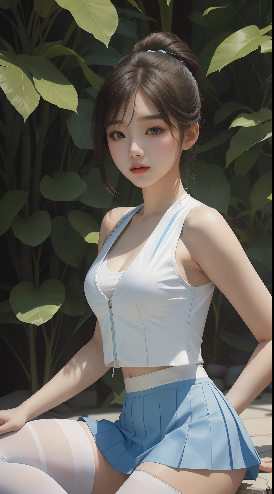 Masterpiece, highest quality, 8k, a woman in a white top and blue skirt posing for a photo, wearing a two-piece swimsuit, smooth white tights suit, sunny, wearing a low-cut vest, wearing a vest, open chest V-chest dress, white bra, wearing a vest, wearing a white camisole vest, gorgeous young Korean woman wearing a crop top top