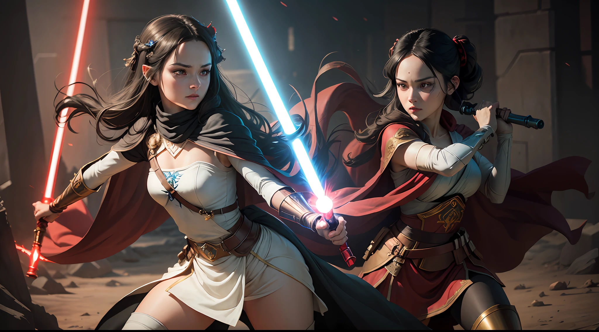 Two women in star wars outfits holding swords in a dark room - SeaArt AI