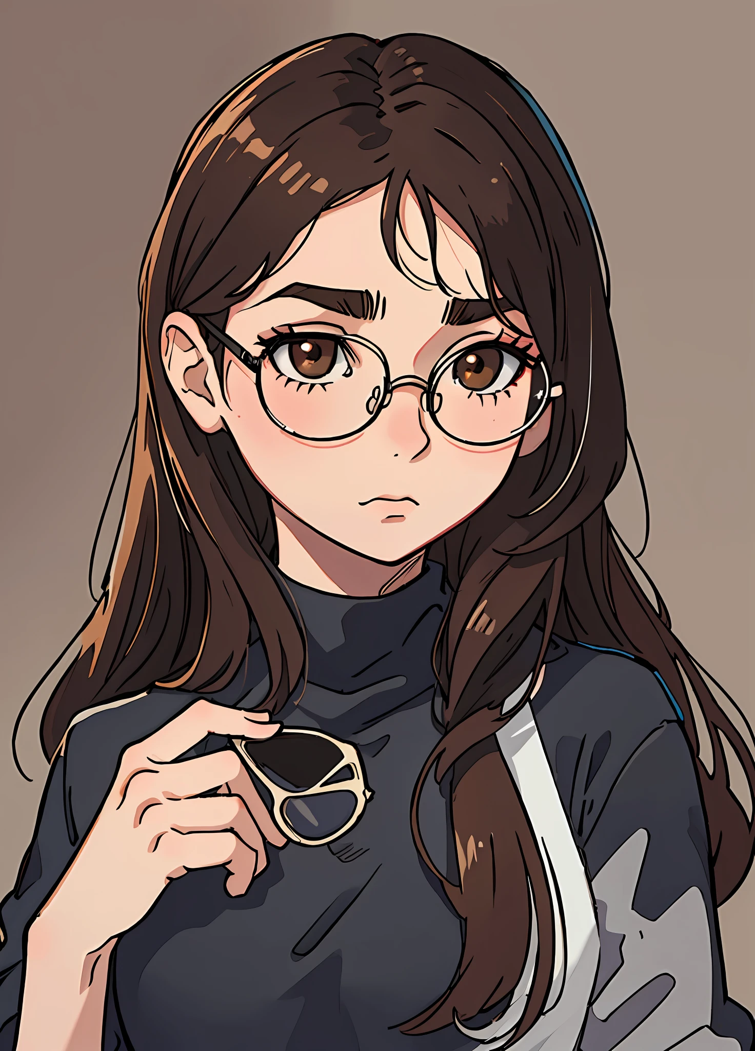 1 girl, thin, dark brown hair, brown eyes, long hair without bangs, messy hair without bangs, passionate look, black clothes without manga, details, masterpiece, good quality, round glasses, thick eyebrow, pale skin, white, fair skin, caucasian