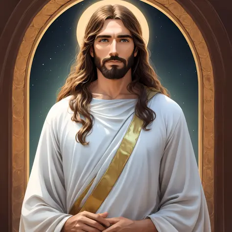 Create an image of Jesus Christ in simple costume, adult man with serene look