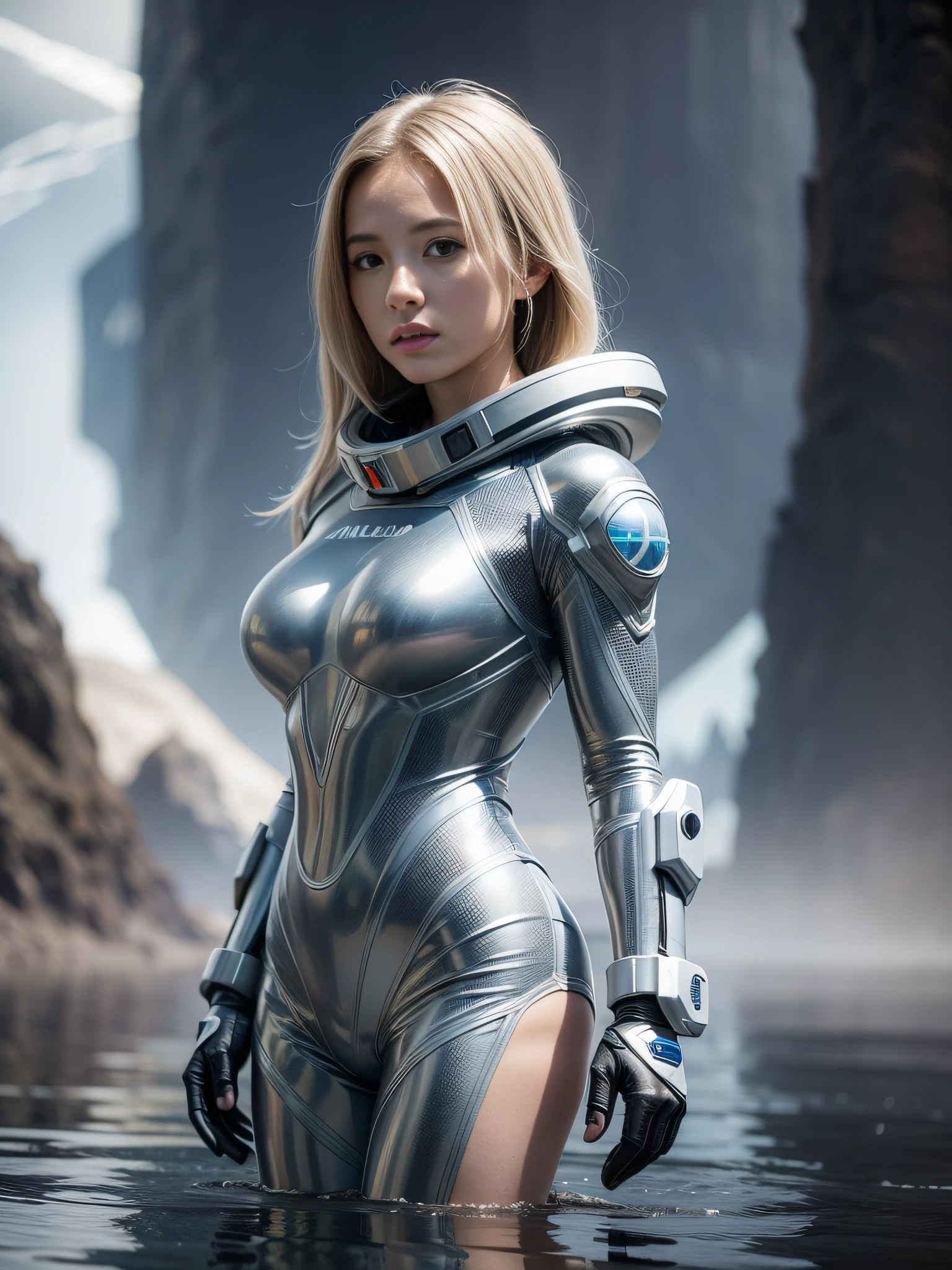 A beautiful girl, wearing a silver spacesuit, standing on an endless surface of water, floating mist, holding a large ion gun in both hands, mountains in the background, no frontal fill light, dark light, rich in detail Inspired by the movie Alien prequel Prometheus