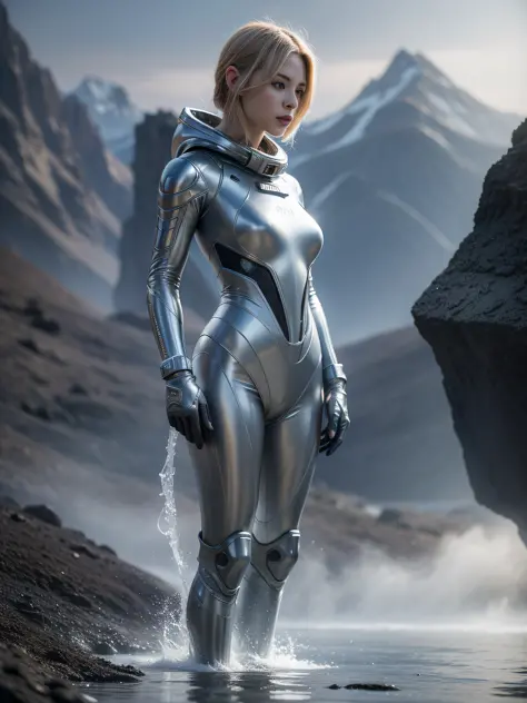 A beautiful girl, wearing a silver spacesuit, standing on an endless surface of water, floating mist, holding a large ion gun in both hands, mountains in the background, no frontal fill light, dark light, rich in detail Inspired by the movie Alien prequel ...