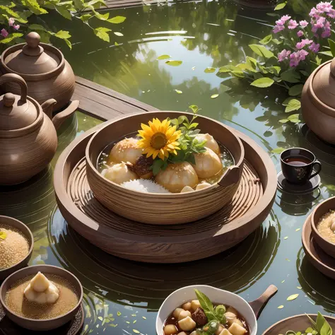 Masterpiece, HD, a poster, the theme is the Dragon Boat Festival, there are rice dumplings and tea, tableware, family, early sum...