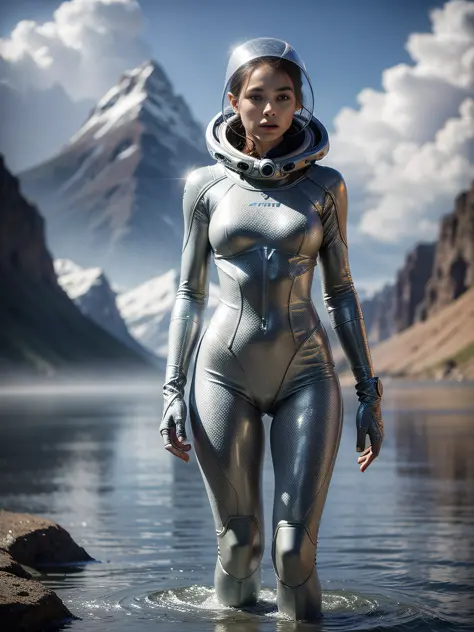A pretty girl with extra long legs, wearing a silver spacesuit, standing on an endless surface of water, floating with mist,, with mountains in the background, no frontal fill light, dark light, rich in detail inspired by the movie Alien prequel Prometheus
