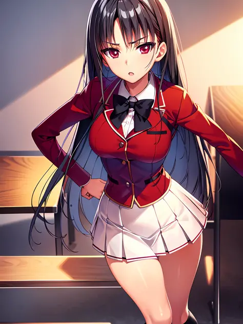 a woman in red school uniform,black hair, red eyes, classroom
masterpeace, best quality, (extremely detailed CG:1.4), highly det...