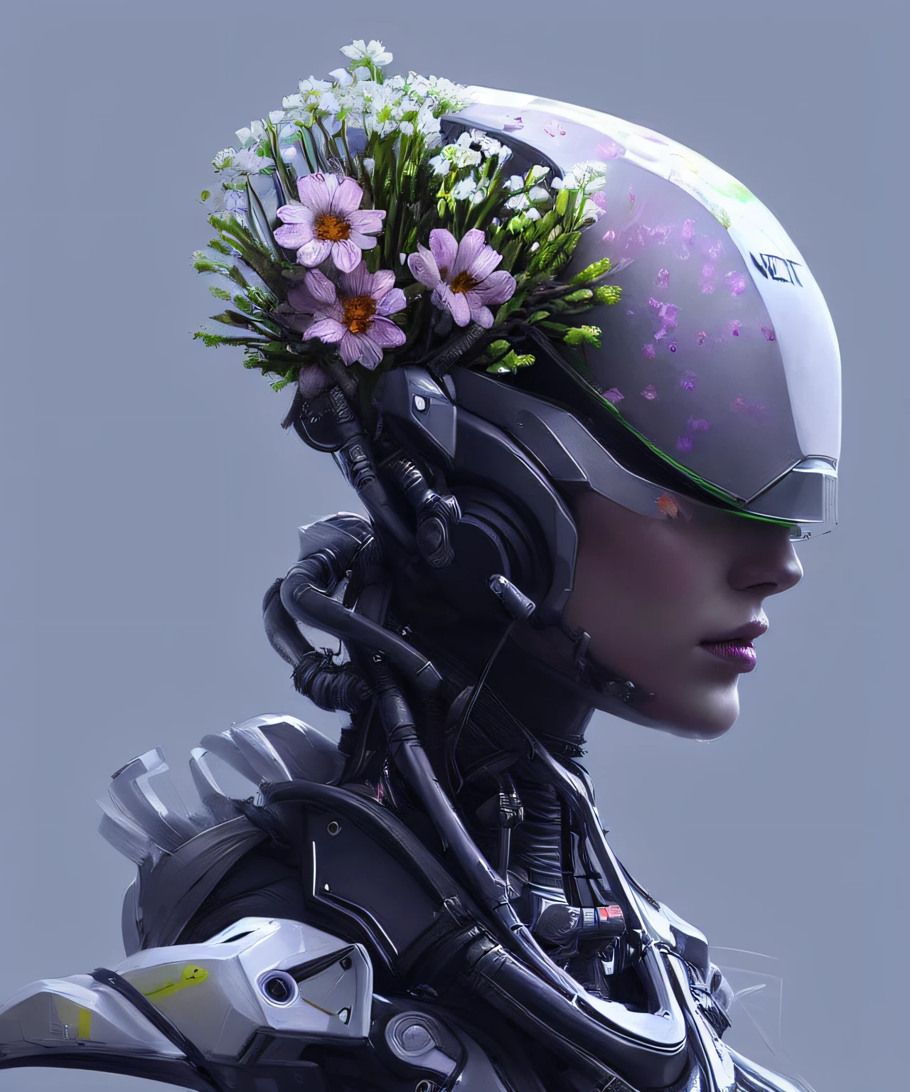 nuestro robot  [Robot futurista rústico:mujer:10],  pequeñas flores y hojas en la parte superior de la cabeza, leyendas del ápice, iluminación épica, ultra detallado