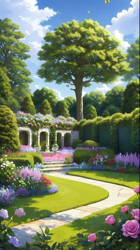 Masterpiece, best quality, no humans, castle garden, trees, summer, flowers, bushes, roses, clouds, sky, stone path, big tree, bees, butterflies, hyperrealistic, detailed background, depth of field, rimlighting, specular highlights, bloom, atmospheric ligh...