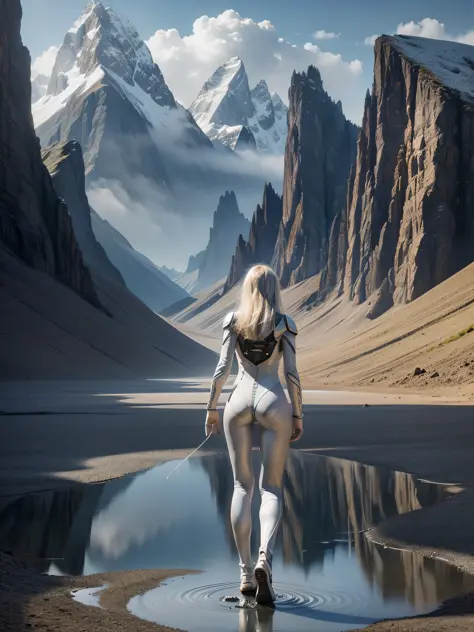 A pretty girl with extra long legs, wearing a silver spacesuit, standing on an endless surface of water, floating with mist,, with mountains in the background, no frontal fill light, dark light, rich in detail inspired by the movie Alien prequel Prometheus
