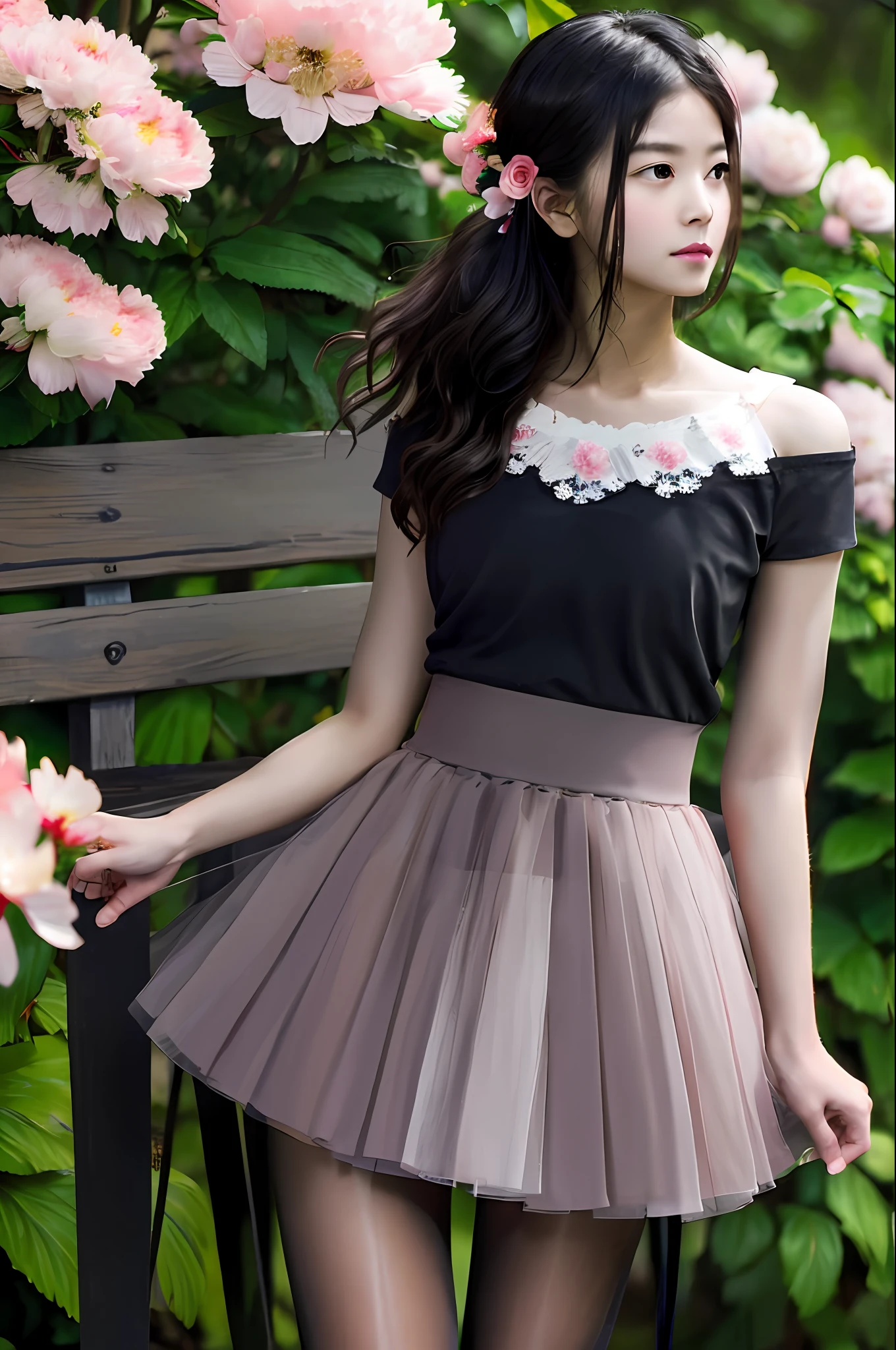 Arafed woman in a black top and a pink skirt posing on a bench - SeaArt AI