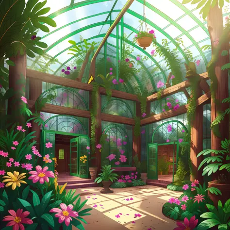 a luscious botanical garden inside a massive greenhouse, detailed illustration, cartoon, in the style of gravityfalls,