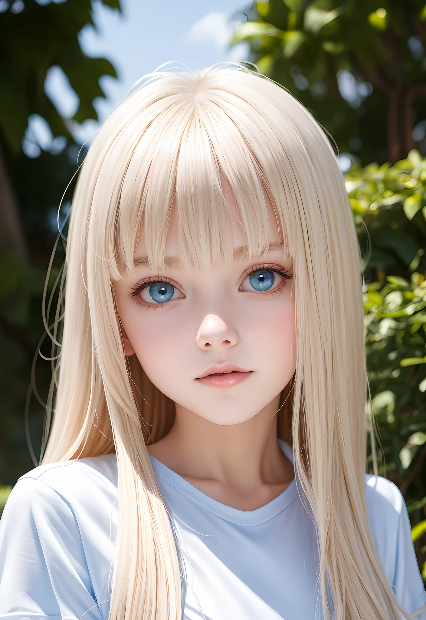 Unparalleled beauty, shiny shiny firm and shiny skin, beautiful bangs between the eyes, shiny straight beautiful platinum blonde, super long straight silky hair, eyeliner, sexy beautiful innocent 14 years old, high definition big and beautiful bright light blue eyes, beautiful and lovely girl, baby face, short sleeve shirt