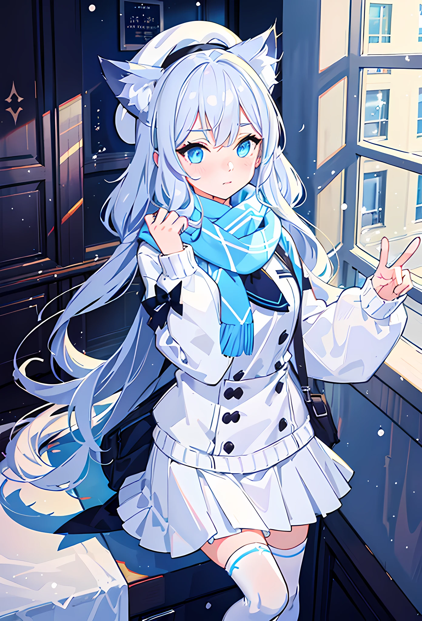 1girl, perfect face, white silver long hair, curly hair(light), cat ears, perfect cat ears, blue eyes, blushing, blank expression, white beret, checkered white and blue scarf, winter knitted fleece shirt, white skirt, knee length loose white socks, black sandals