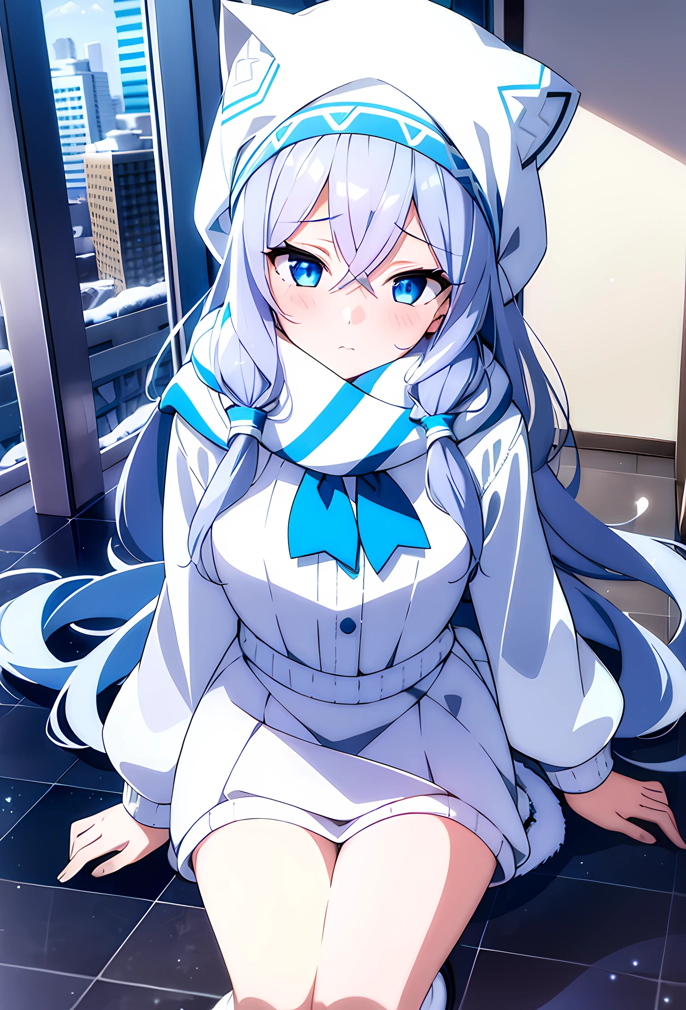 1girl, perfect face, white silver long hair, curly hair(light), cat ears, perfect cat ears, blue eyes, blushing, blank expression, white beret, checkered white and blue scarf, winter knitted fleece shirt, white skirt, knee length loose white socks, black sandals