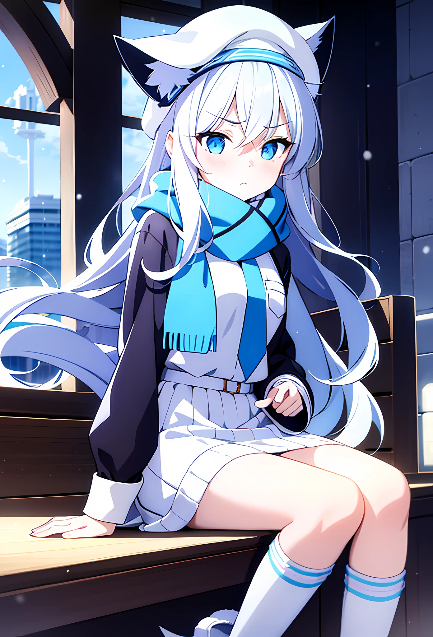 1girl, perfect face, white silver long hair, curly hair(light), cat ears, perfect cat ears, blue eyes, blushing, blank expression, white beret, checkered white and blue scarf, winter knitted fleece shirt, white skirt, knee length loose white socks, black sandals