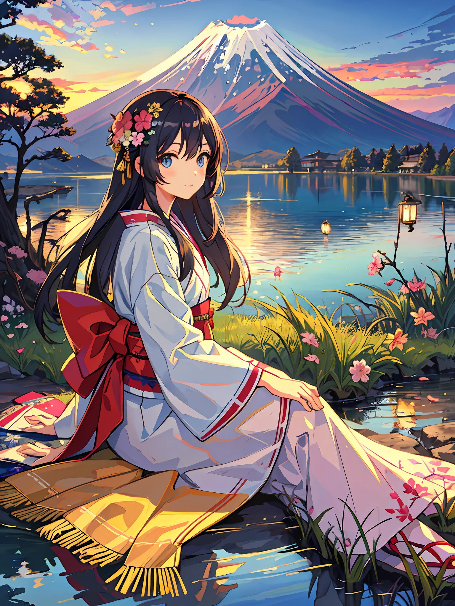 best quality, masterpiece, extremely detailed, detailed background, detailed eyes, anime, 1girl, beautiful eyes, young girl, long hair girl, expressive face, kimono, retro, mount fuji lansdscape, outdoors, sunset, beautiful sky, lake picnic, landscape, scenery, horizon, mountain sitting near mountain, wind, flower petal, spring, looking away, atmospheric lighting, reflection, naturalistic, detail, realism. relaxation, beauty, solo focus, close up, from side, depth of field, bokeh