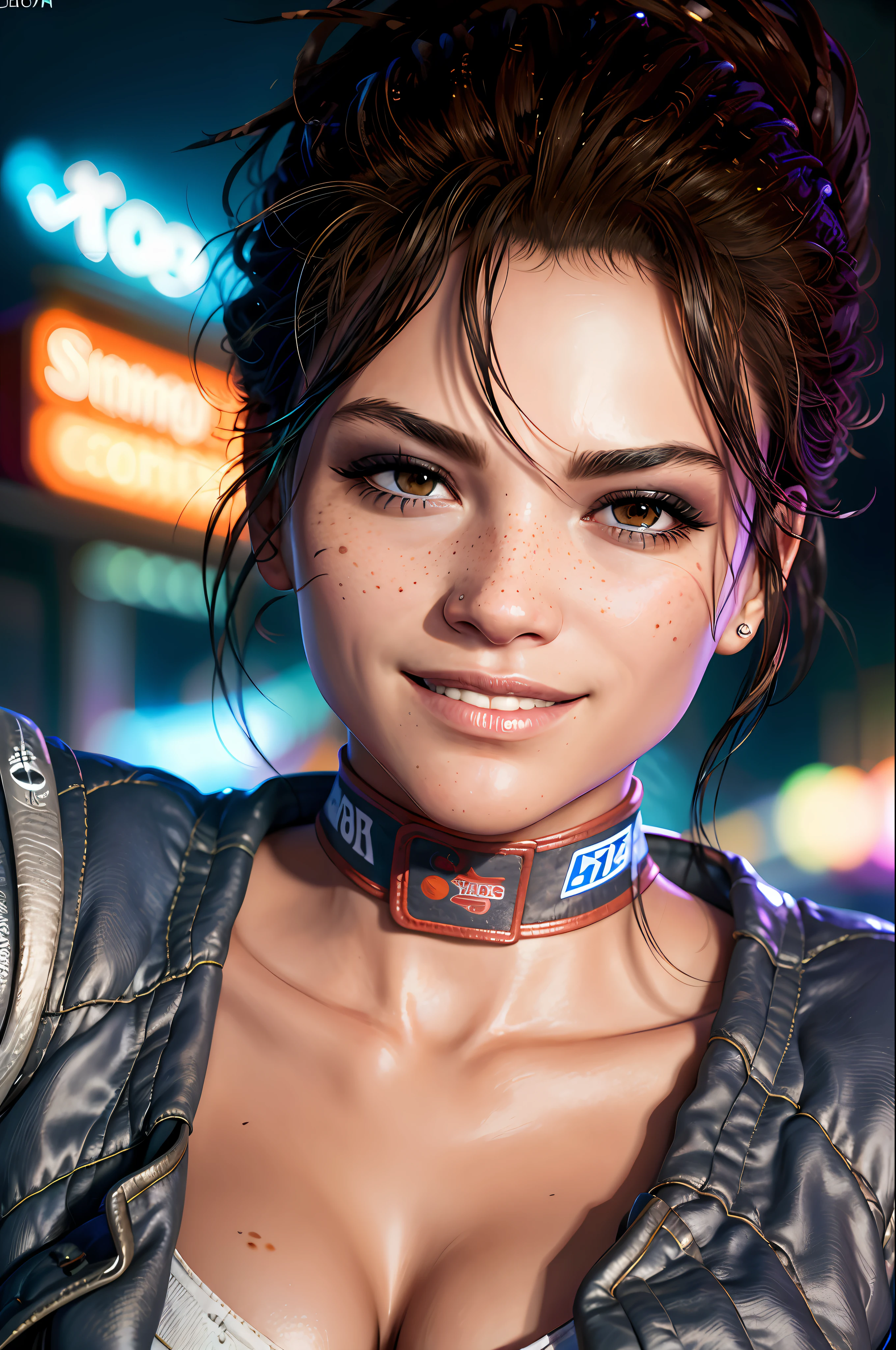 ((portrait photo)), a photo in Panam, (jacket:1), neon lights, ((face_freckles:0.9)), good hand, 4k, high-res, masterpiece, best quality, (head: 1.3), finely detailed skin, sharp focus, (cinematic lighting), collarbone, soft lighting, (((BIG SMILE)))