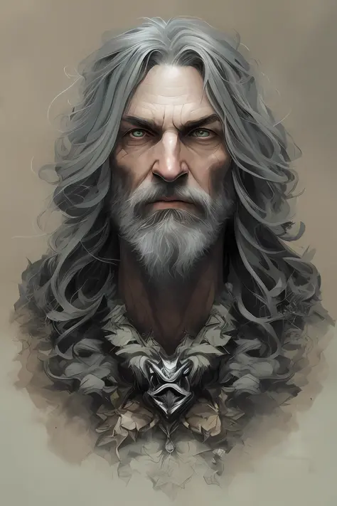 High Angle detailed ((dnd druid man portrait)), Continued , HD, (oil painting:1.1), (comic book art style:1.5),(inked outline:1.3), Stunning, Character, Portrait, (((Looking Sideways))), angular features, (dark grey Graduated Bob Hair), (muted natural colo...
