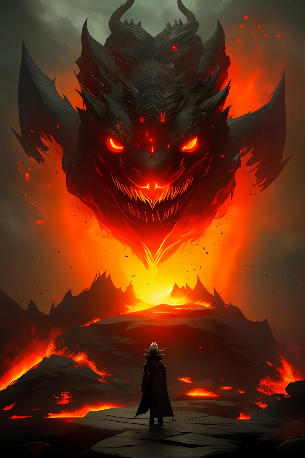 A man standing in front of a demonic demon with a sword - SeaArt AI