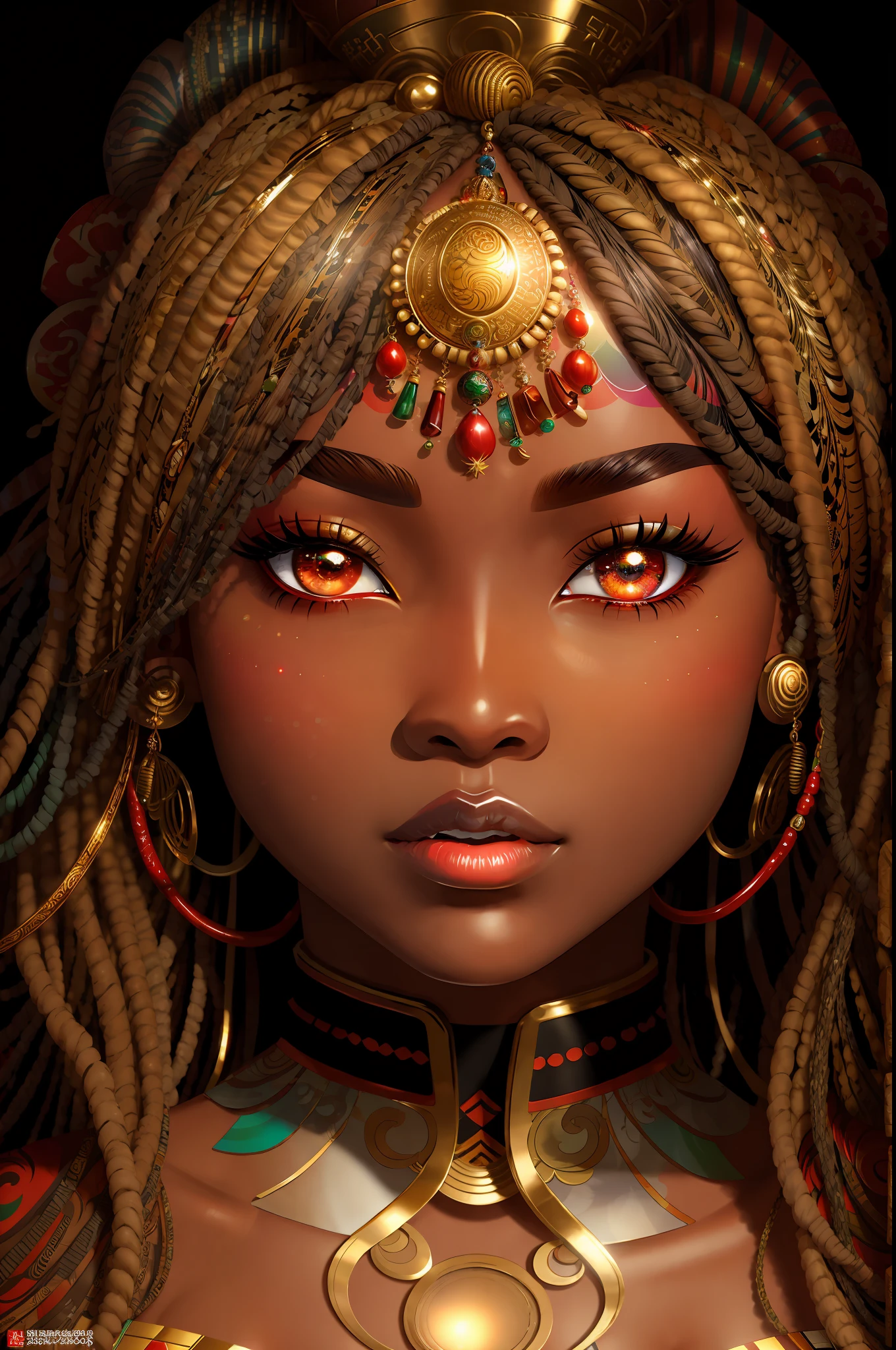 (Award Winning Digital Artwork:1.3) of (Visual novel:1.3),(Shameful:1.3) ((best quality)), ((masterpiece)), ((realistic)), (detailed), ((african goddess woman)), dark skin, (realy luxuriant afro-textured hair rainbowned), gorgeous, sexy, curvy, busty, (geisha eyes), ((heterochromia eyes))