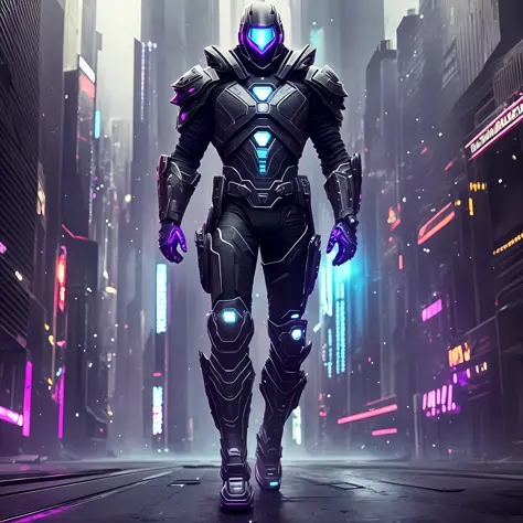 Full body, finely detailed cyberpunk armor made of black and purple titanium, power suit, high depth, torso, imposing, elegant, for men, modern minimalism, dreamy, badass, dystopia, divine, mysterious, mid-journey, cinematic lighting, 3d rendering, ,high d...