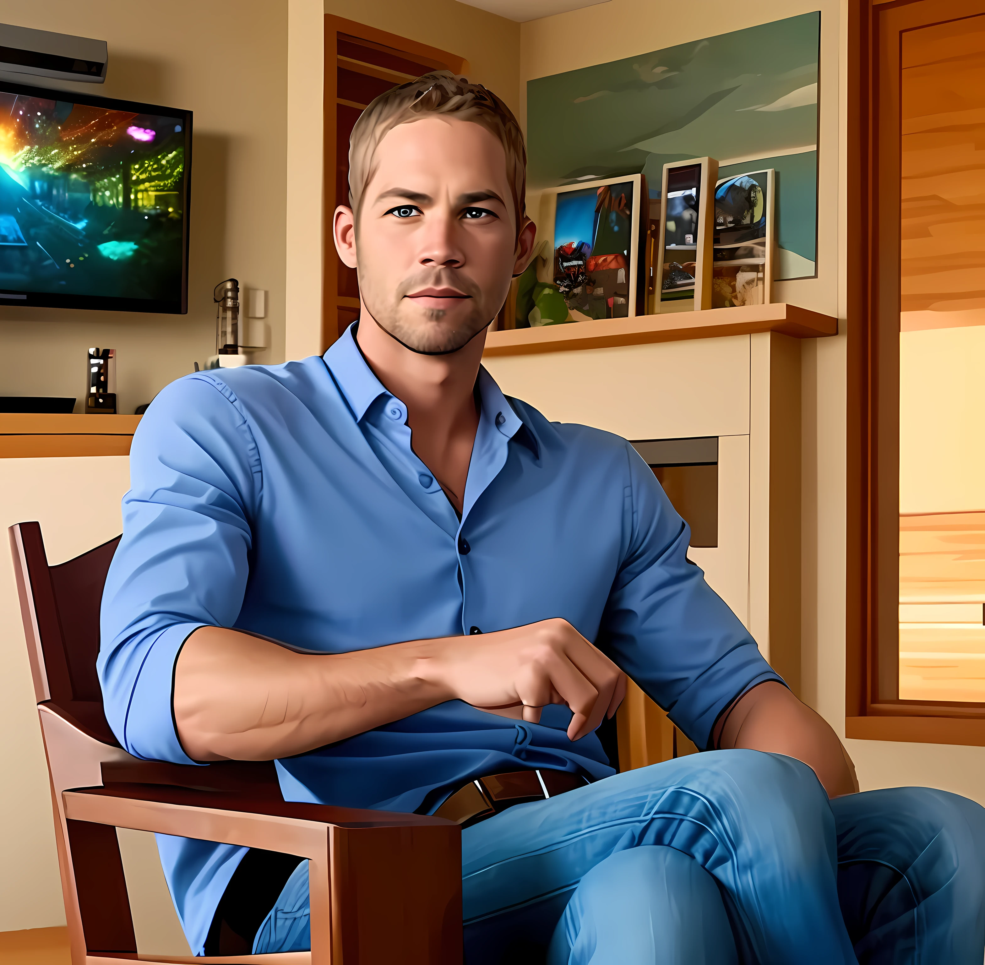 Paul Walker sitting in a chair facing in a 4K cartoon house