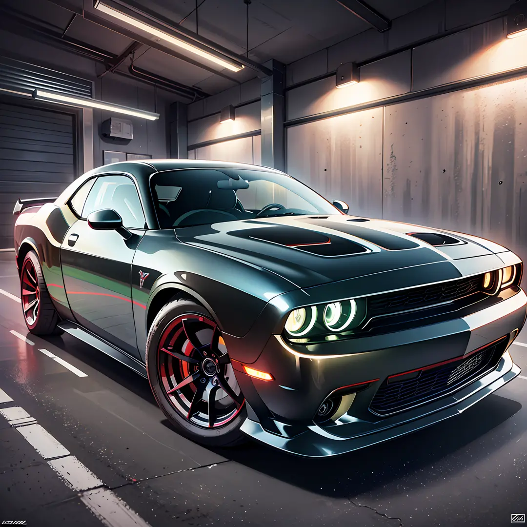 8k octane rendering, dodge challenger hellcat in the garage, neon effect, headlights shining, realistic photography