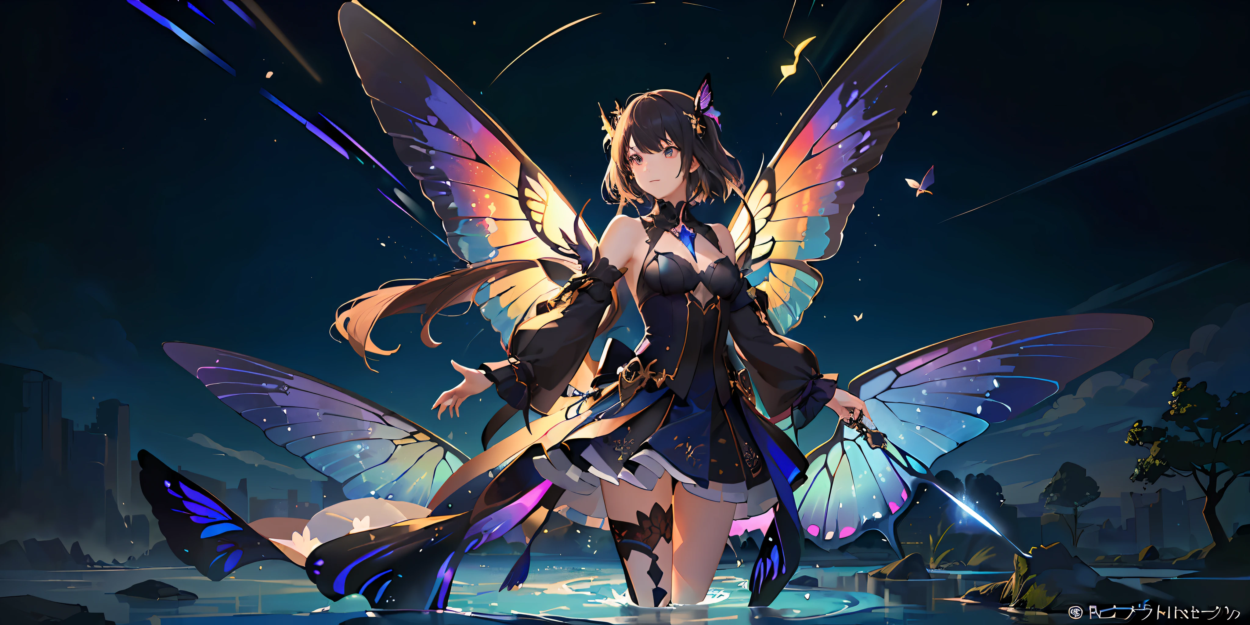 ((Best quality)), ((masterpiece)), (highly detailed:1.3),(Masterpiece:1.2, high quality), (pixiv:1.4),Volumetric Lighting, backlight,night, 1 girl with wings butterfly , (perfect face:1.2), facial Symmetry, standing,water splash , trees ancient , jungle , river, stone, sparkling effect, backward ,