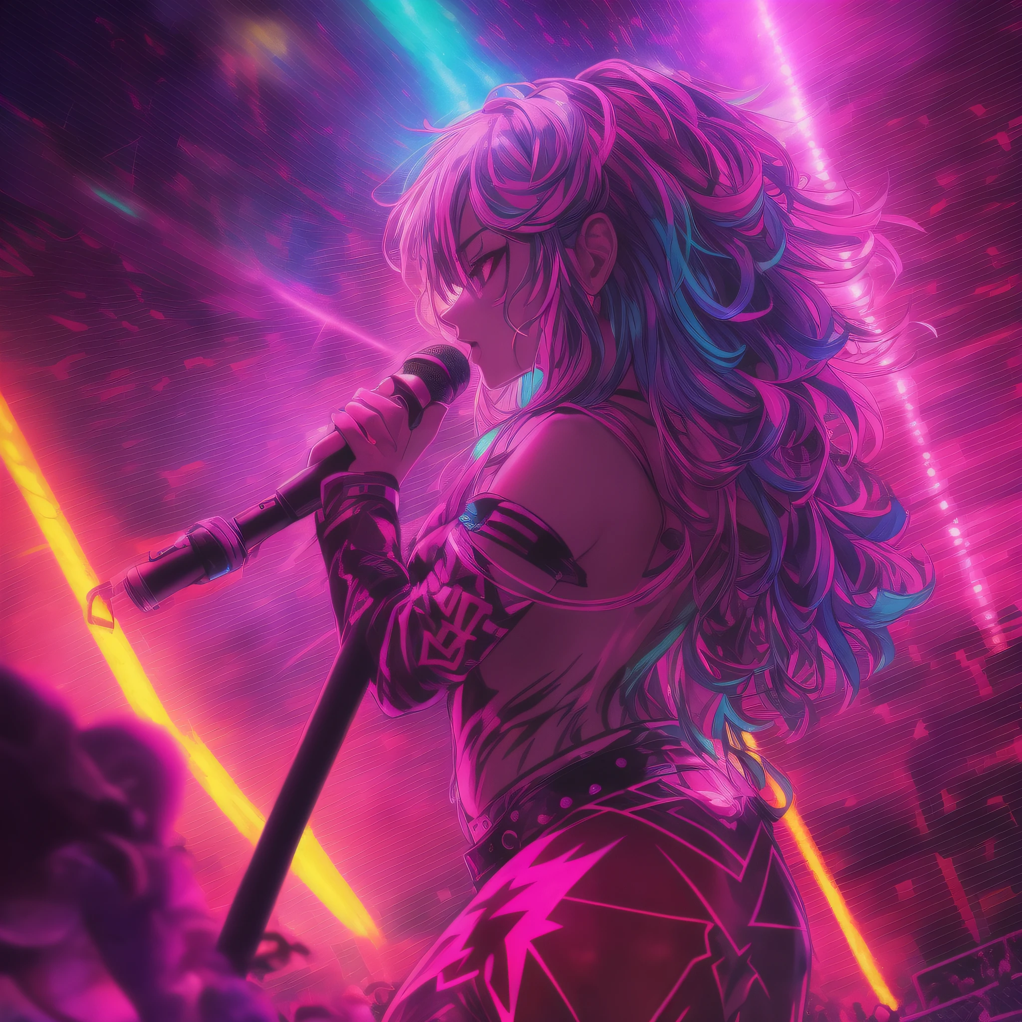 (Stage scene, neon lights, smoky colors, psychedelic effects, crowd shouting, (lead singer + reflective lens + lightning hair: 1.3 + backlit side shot), (team forming a V-shaped formation + fried in a high note), manic atmosphere, full of blood scene. ) --auto --s2