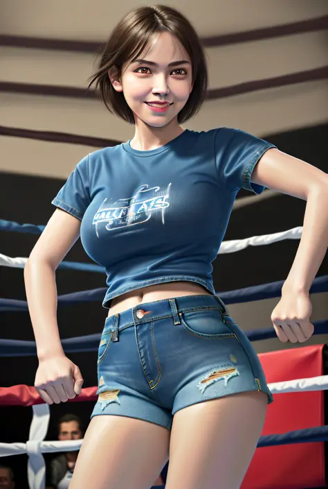 wide shot,(raw photo:1.2), (photorealistic:1.4), ultra high res, best quality, masterpiece, illustration, official art, art photography, intricate details, cinematic light, hyper realistic texture human skin,1girl,boxing gloves,boxing ring, (sweat),big eye...
