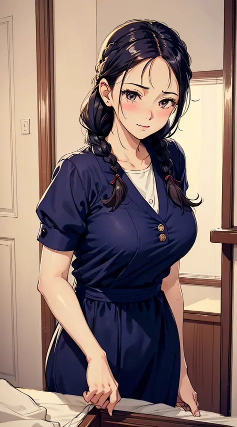 Close-up of a housewife cleaning her room, eyes not looking at the camera, shy look, blushing mother, a braid, smooth skin, very detailed clothes, intriguing suit, extremely high detail, random movements, interior scene, big breasts, happy, kind, milf
