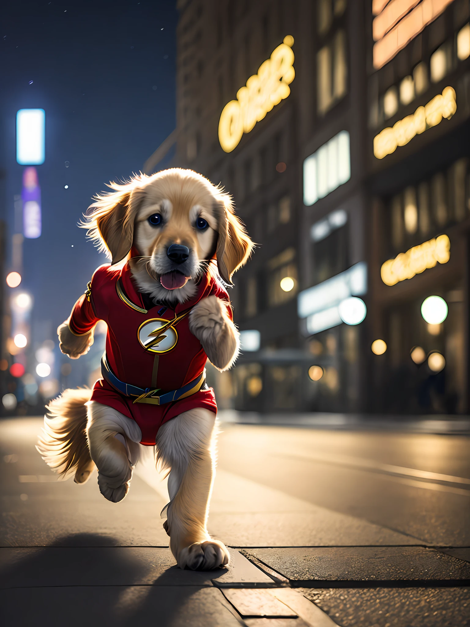 Cachorro Golden Retriever x El traje rojo Flash salva gatito, Correr, lindo, feliz, (cinematográfico:1.2), fondo noche ciudad
