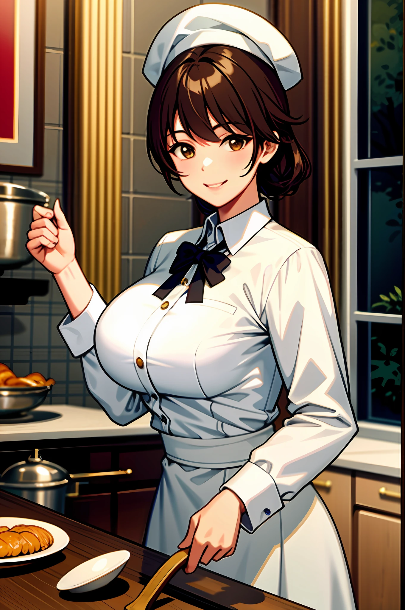 (masterpiece, best quality, detailed background, intricate details), fancy kitchen, 1 girl, chef, cooking, brown hair, chef hat, chef uniform, smile, (masterpiece, best quality, detailed background, intricate details), fancy kitchen, 1girl, chef, cooking, brown hair, chef hat, chef uniform, smiling